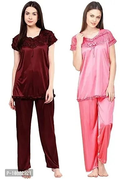 NIGHT GIRL Women's Satin Plain/Solid Night Suit Set Pack of 2 (XL, Maroon and Pink)-thumb0