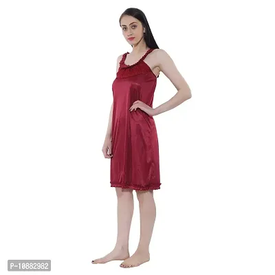 NIGHT GIRL Women's Satin Solid Midi Short Nighty Nightdress Size (Free) (Free Size, Maroon)-thumb2