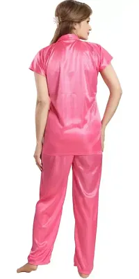 NIGHT GIRL Women's Plain Satin Night Suit (Shirt and Pyjama) (Free Size, Pink)-thumb1