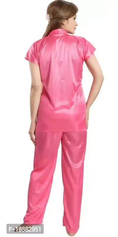 NIGHT GIRL Women's Plain Satin Night Suit (Shirt and Pyjama) (Free Size, Pink)-thumb2