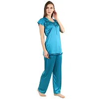 Women's Synthetic Solid Night Wear Top with Pajama (Color-NVY Blue, Size L)-thumb4