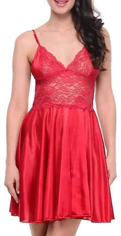 NIGHT GIRL Women Short Nighty Babydoll Mesh Wedding Nightie Bridal Nightdress . (Free Size, Rani)