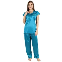 Women's Synthetic Solid Night Wear Top with Pajama (Color-NVY Blue, Size L)-thumb3