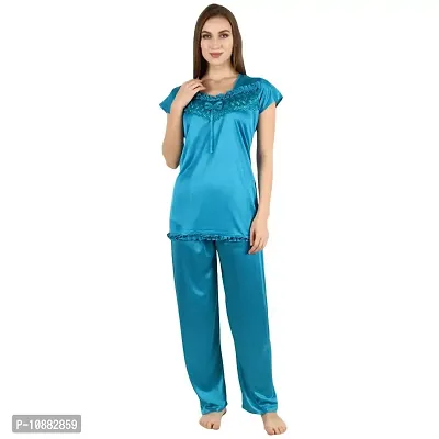 Women's Synthetic Solid Night Wear Top with Pajama (Color-NVY Blue, Size L)-thumb4