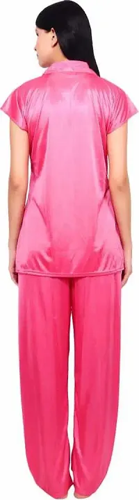 NIGHT GIRL Women's Plain Satin Night Suit (Shirt and Pyjama) (Color Options) (Free Size) (L, Pink)-thumb1