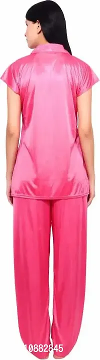 NIGHT GIRL Women's Plain Satin Night Suit (Shirt and Pyjama) (Color Options) (Free Size) (L, Pink)-thumb2