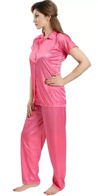 NIGHT GIRL Women's Plain Satin Night Suit (Shirt and Pyjama) (Free Size, Pink)-thumb2