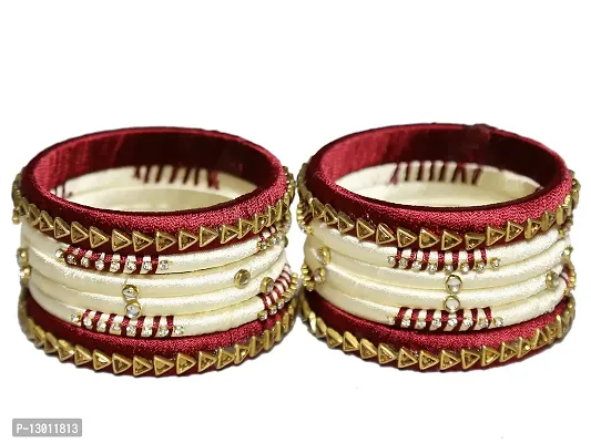 DISHU Handmade Silk Thread Mahroom And Off White Bangles Set Of 12-thumb0