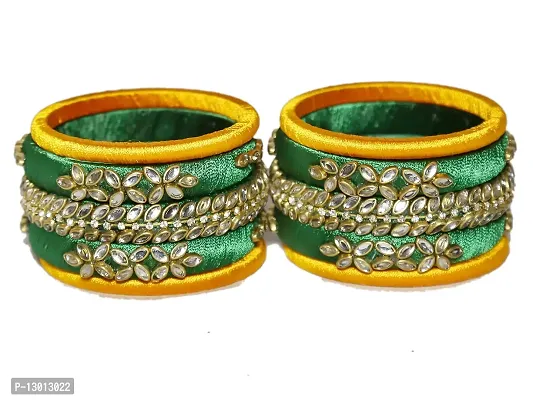 DISHU Handmade Silk Thread Green Kade & Yellow Bangles Set Of 10