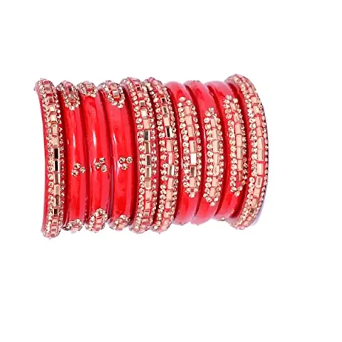 Dishu Glass ,Gold, Crystal Handmade Bangle Set for Women (Red, 2.4)