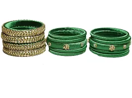 DISHU Handmade Silk Thread Green Bangles Set Of 14-thumb2