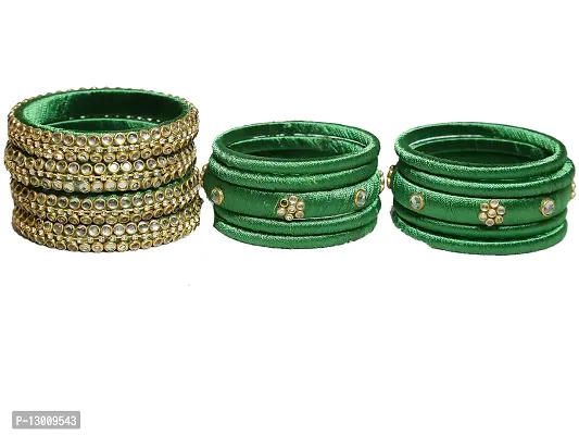 DISHU Handmade Silk Thread Green Bangles Set Of 14-thumb3