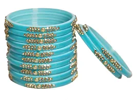 DISHU Handmade Sky Blue Glass Bangles Golden Stone With Round Kundan Set Of 12-thumb2