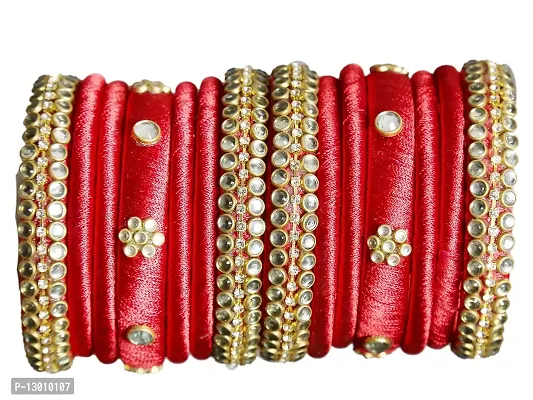 Dishu Handmade Silk Thread Red Bangles Set Of 14-thumb2