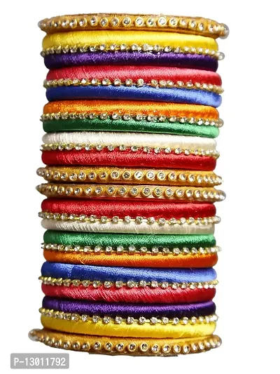 DISHU Handmade Silk Thread Multicolor Bangles Set Of 12-thumb0