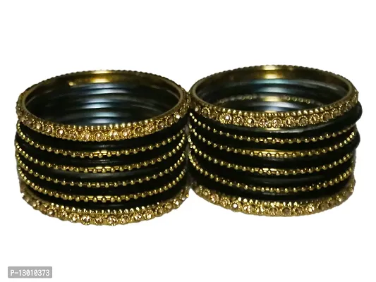 DISHU Black Bangles Velvet Metal Set With Golden Kada  Dot Chudi Wedding Chura /Bridal Chuda For Women  Girls (Set Of 32 Bangles)-thumb2