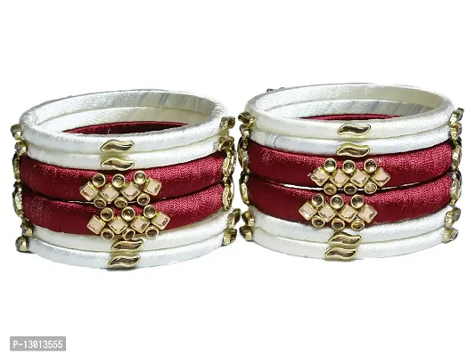 DISHU Handmade Silk Thread Mahroon Kade & White Bangles Set Of 12-thumb5