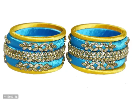 DISHU Handmade Silk Thread Sky Blue Kade & Yellow Bangles Set Of 10