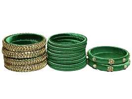 DISHU Handmade Silk Thread Green Bangles Set Of 14-thumb3