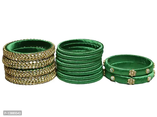 DISHU Handmade Silk Thread Green Bangles Set Of 14-thumb4