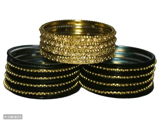 DISHU Black Bangles Velvet Metal Set With Golden Kada  Dot Chudi Wedding Chura /Bridal Chuda For Women  Girls (Set Of 32 Bangles)-thumb3