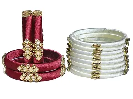 DISHU Handmade Silk Thread Mahroon Kade & White Bangles Set Of 12-thumb2