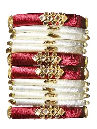 DISHU Handmade Silk Thread Mahroon Kade & White Bangles Set Of 12-thumb1