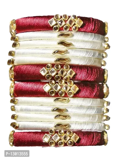 DISHU Handmade Silk Thread Mahroon Kade & White Bangles Set Of 12-thumb2