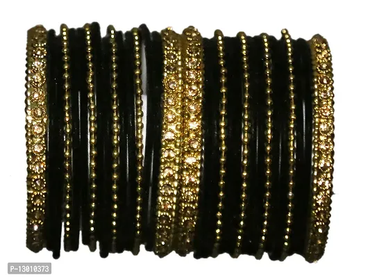 DISHU Black Bangles Velvet Metal Set With Golden Kada  Dot Chudi Wedding Chura /Bridal Chuda For Women  Girls (Set Of 32 Bangles)-thumb4