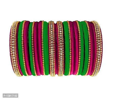 Thread Trends Silk Thread Bangles Set 16 Bangles for Women & Girls (Pink-Dark Green) (Size-2/4)