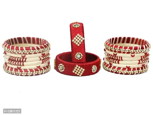 DISHU Handmade Silk Thread Maroom And Off White Bangles Set Of 14-thumb3