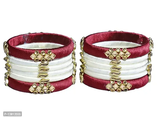 DISHU Handmade Silk Thread Mahroon Kade & White Bangles Set Of 12