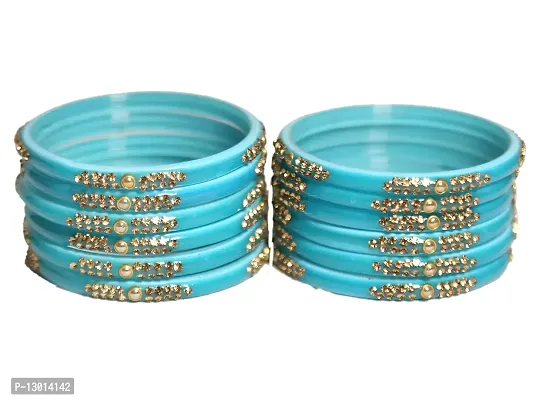DISHU Handmade Sky Blue Glass Bangles Golden Stone With Round Kundan Set Of 12-thumb0