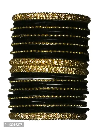 DISHU Black Bangles Velvet Metal Set With Golden Kada  Dot Chudi Wedding Chura /Bridal Chuda For Women  Girls (Set Of 32 Bangles)-thumb0