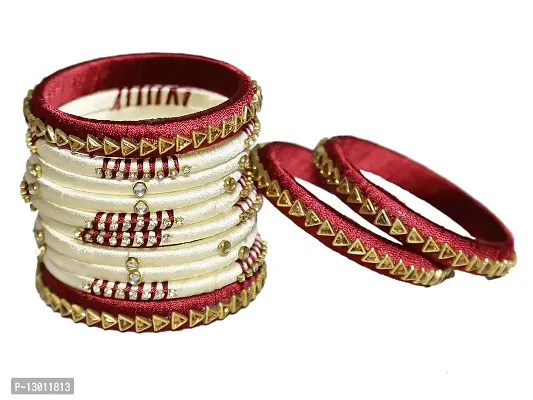 DISHU Handmade Silk Thread Mahroom And Off White Bangles Set Of 12-thumb3