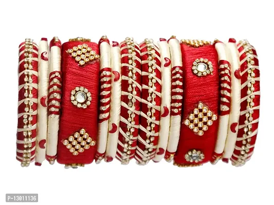 Dishu Handmade Silk Thread Maroom And Off White Bangles Set Of 14