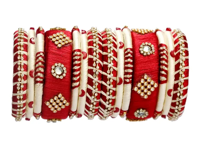 Dishu Handmade Silk Thread Maroom And Off Bangles Set Of 14