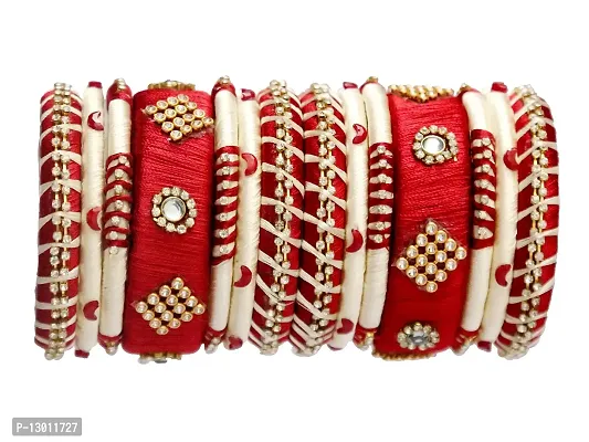 DISHU Handmade Silk Thread Maroom And Off White Bangles Set Of 14-thumb4