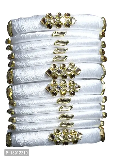 Dishu Handmade Silk Thread White Kade  White Bangles Set Of 12