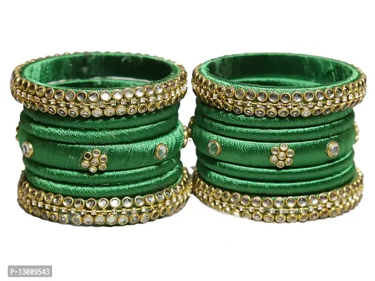 DISHU Handmade Silk Thread Green Bangles Set Of 14