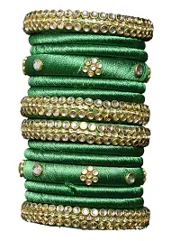 DISHU Handmade Silk Thread Green Bangles Set Of 14-thumb1