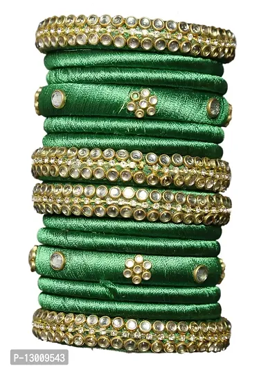 DISHU Handmade Silk Thread Green Bangles Set Of 14-thumb2