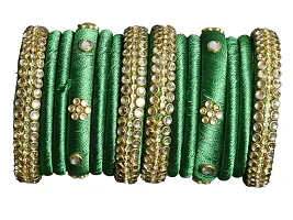 DISHU Handmade Silk Thread Green Bangles Set Of 14-thumb4