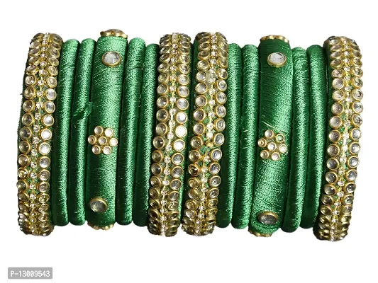 DISHU Handmade Silk Thread Green Bangles Set Of 14-thumb5