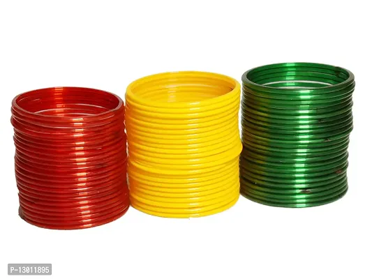 DISHU Plain Glass Green Red Yellow Bangles Set Of 72