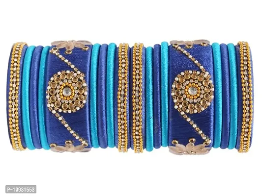 DISHU Handmade Kundan Silk Thread Bangles for Women and Girls, Sky Blue (Set of 18)