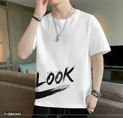 Stylish White Cotton Blend Printed Round Neck Tees For Men-thumb0