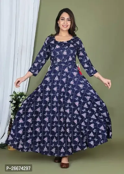 Stylish Navy Blue Viscose Rayon Printed Anarkali Kurti For Women-thumb0