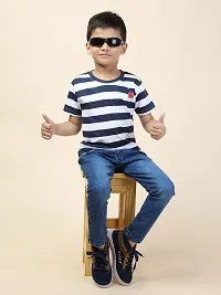 Kids Regular Fit Auto Striped Half Sleeve Tees T-Shirt for Boys Baby Kid | Navy-thumb2