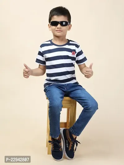 Kids Regular Fit Auto Striped Half Sleeve Tees T-Shirt for Boys Baby Kid | Navy-thumb3